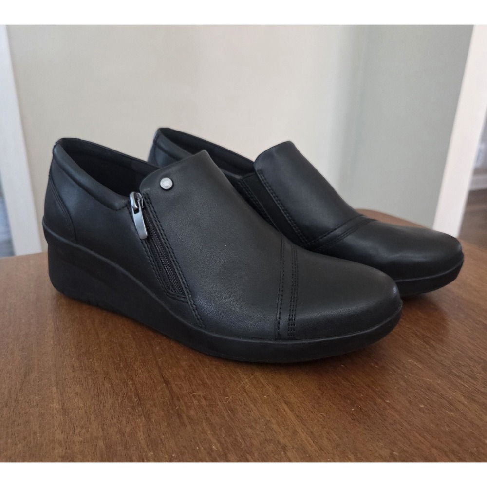 Clarks Suttyn Zip Wedge Shoes Women's 10 Leather Black Ultimate Comfort